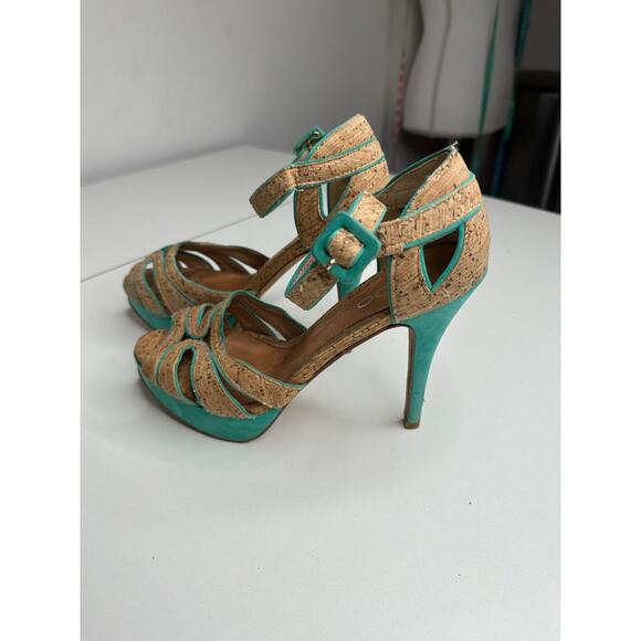 Aldo Platform Turquoise Suede & Tan Cork Stiletto Heel Ankle Strap Sandal 5.5 - Picture 9 of 16